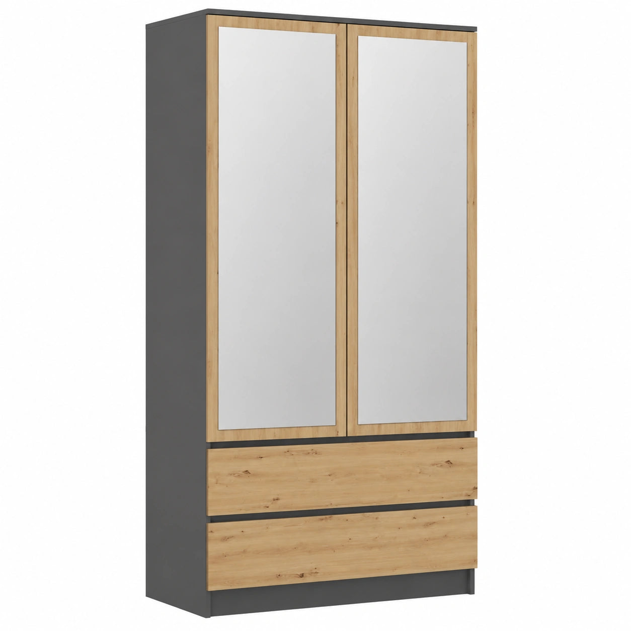 Armadio Moderno a 2 Ante con Specchio per Camera da Letto - 90x50x180 cm - Grande Capacità di Archiviazione con 2 Cassetti