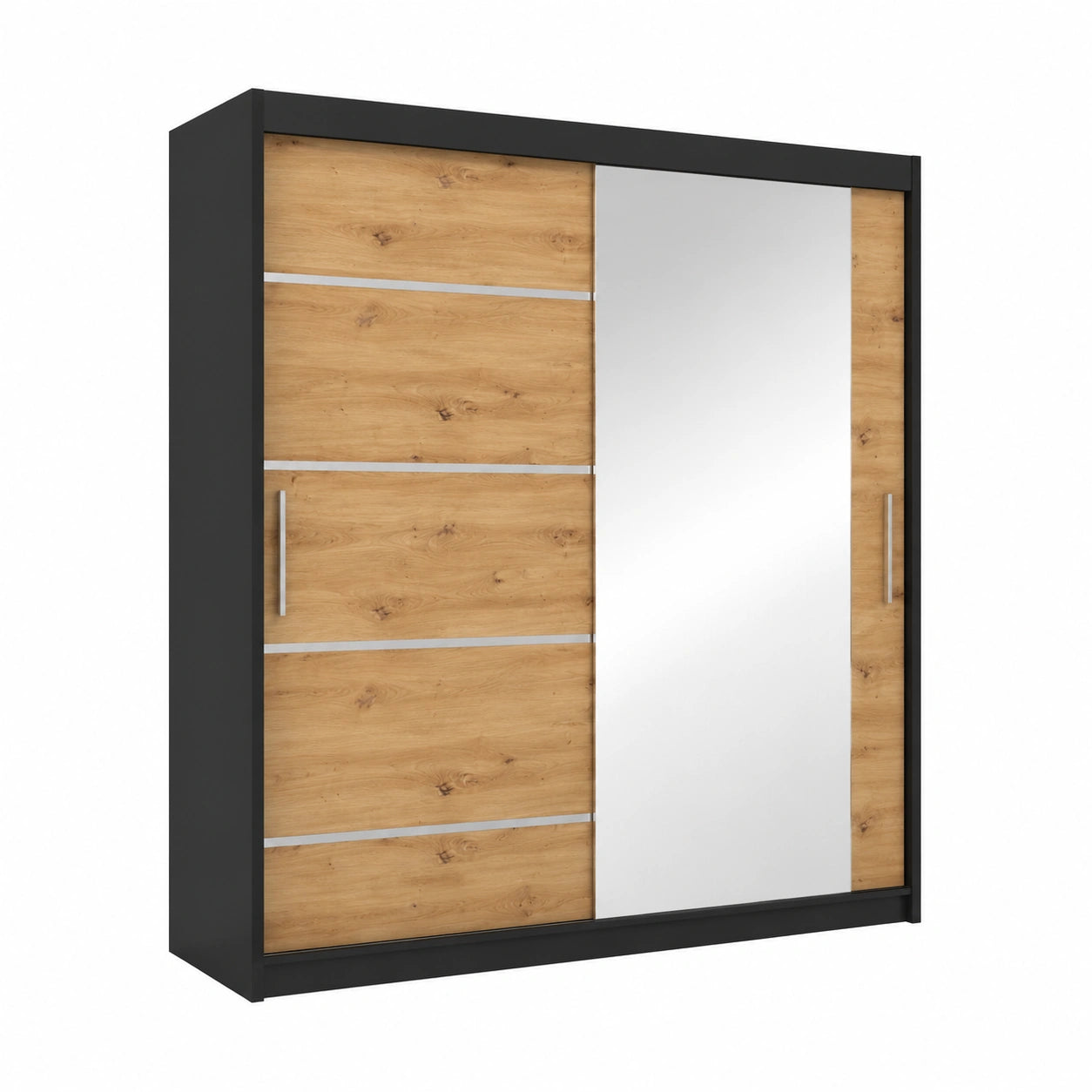 Armadio Moderno Verona 180 cm con Ante Scorrevoli e Specchio - Nero Opaco e Artisan