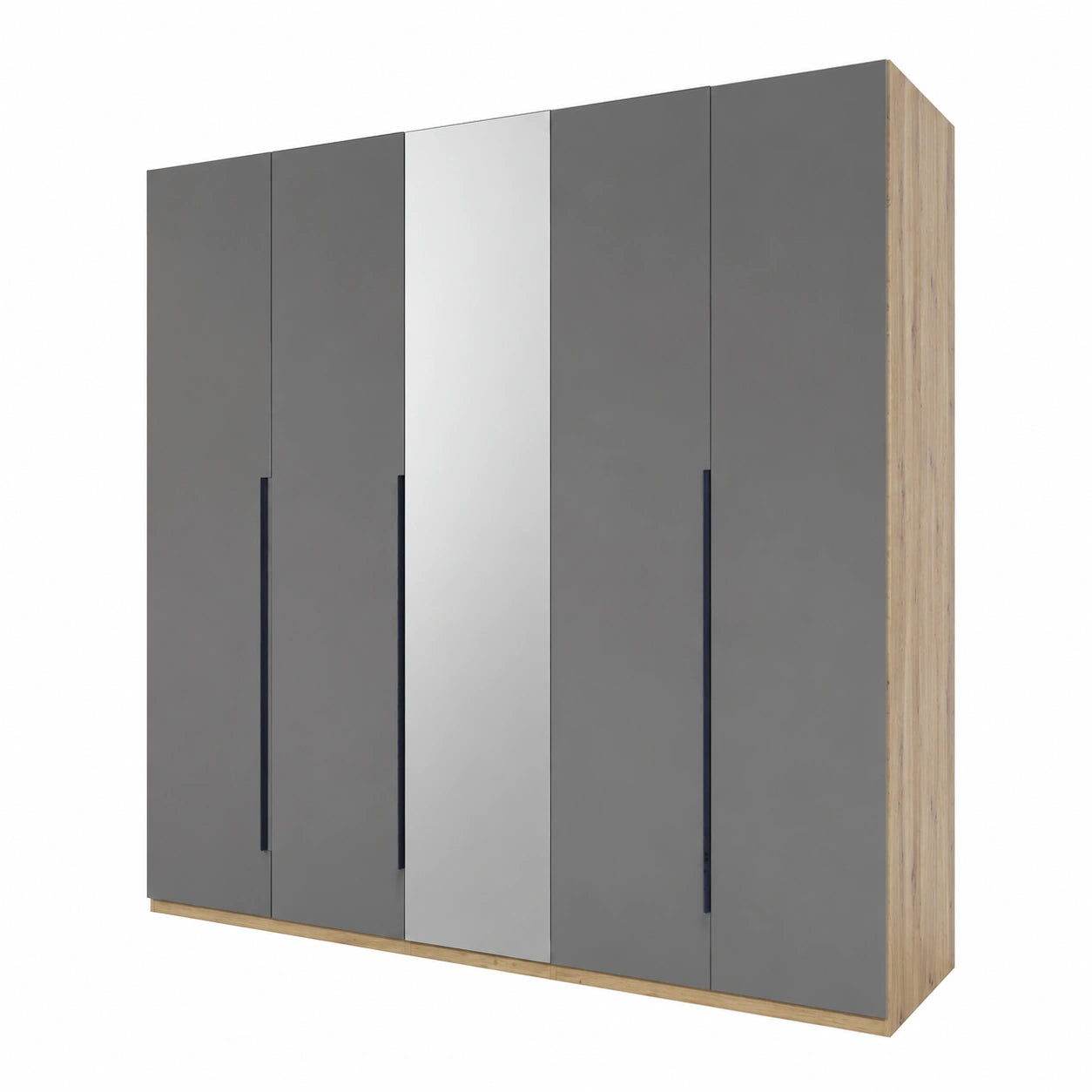 Armadio 5 Ante con Specchio, Rovere Mielato e Grigio Titano, 230x223x63 cm