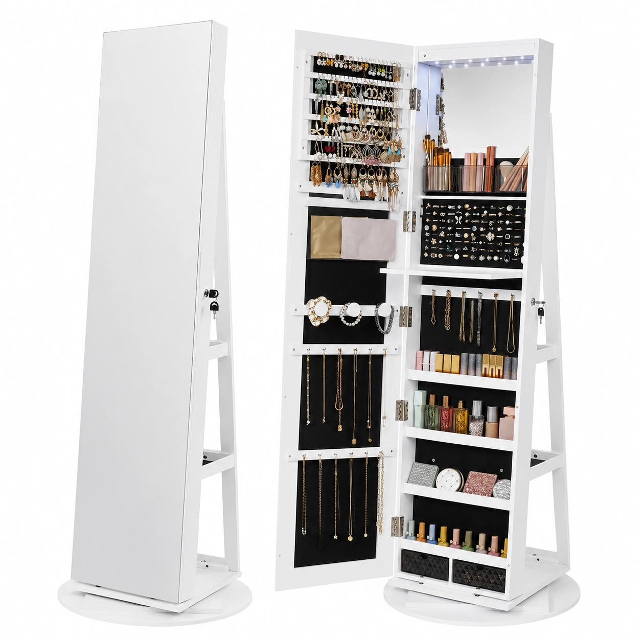 Armadietto Portagioie Girevole con Specchio, LED e Chiusura - Bianco