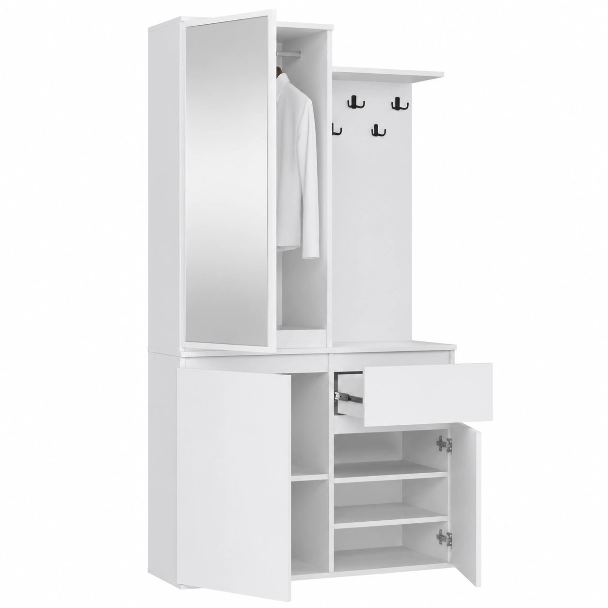 Set da Ingresso con Armadietto a Specchio e Portascarpe, 95x183x35 cm, Bianco