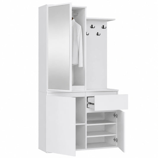 Set da Ingresso con Armadietto a Specchio e Portascarpe, 95x183x35 cm, Bianco