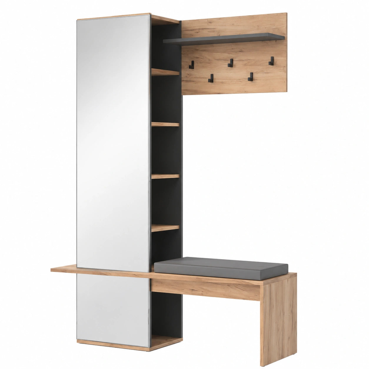 Armadio ingresso Adeline con specchio, rovere dorato, 120x190 cm, seduta e ganci inclusi