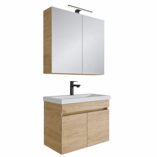 Set Mobile Bagno Rovere Dorato: Lavabo e Armadietto Specchio LED Nero Opaco