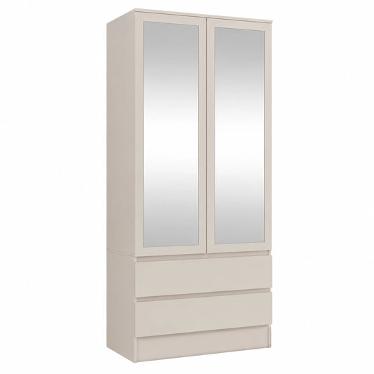 Guardaroba Moderno 2 Ante Specchiate con Cassetti, 90x180cm, Design Elegante per Camera e Ufficio, Sistema Tip-On, 5 Scomparti Beige