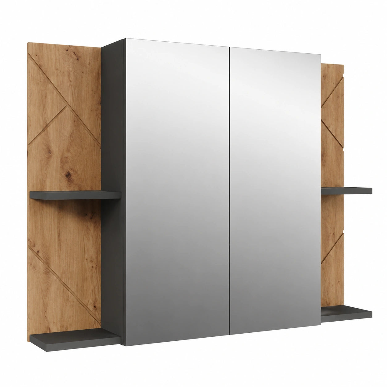 Armadio a Specchio da Bagno Irma, Antracite e Rovere Dorato, 100x75 cm, 2 Ante, Specchi e Ripiani Regolabili