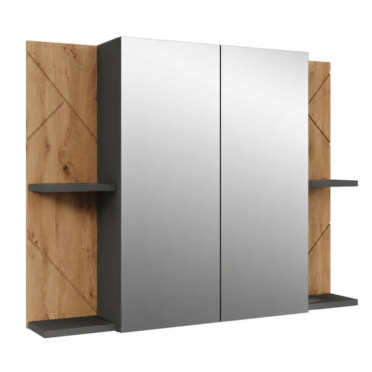 Armadio a Specchio da Bagno Irma, Antracite e Rovere Dorato, 100x75 cm, 2 Ante, Specchi e Ripiani Regolabili