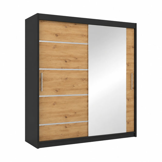 Armadio Moderno Verona 180 cm con Ante Scorrevoli e Specchio - Nero Opaco e Artisan
