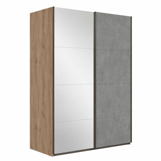 Armadio SYSTEMA con Ante Scorrevoli a Specchio, 150x223x67 cm, Rovere Miele e Grigio, Made in Italy