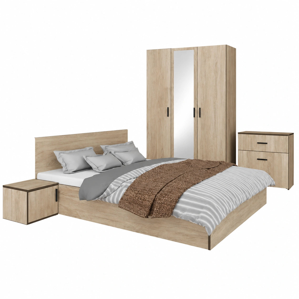 Set Camera da Letto Moderna con Armadio Specchiato, Letto Matrimoniale e Comodini in Rovere
