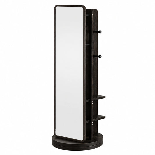 Specchio Girevole a 360° con Appendiabiti in Legno Massello, 170x40cm, per Camera e Soggiorno