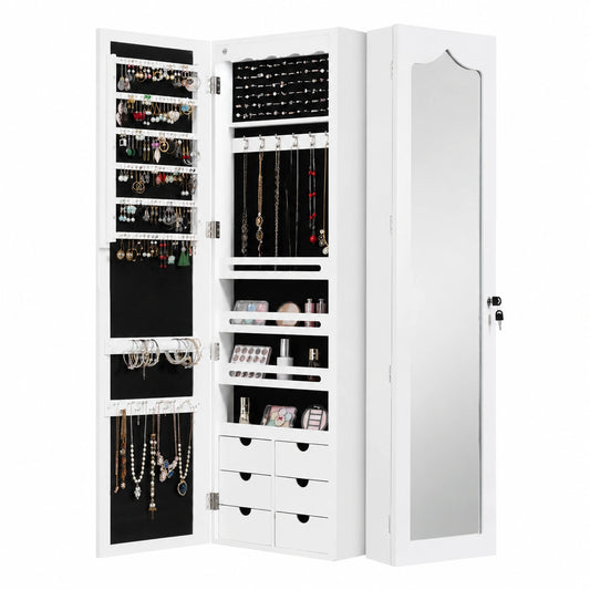 Armadietto Portagioie con LED e Specchio in Legno, Appendibile con 6 Cassetti, Portagioielli da Parete o Porta, Bianco