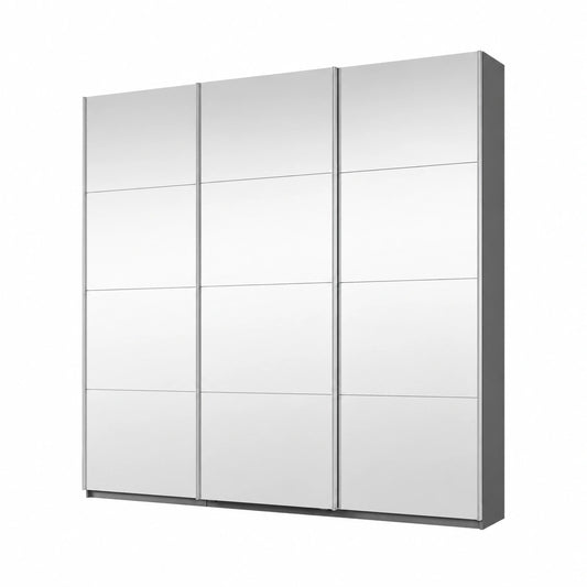 Armadio Scorrevole Caracas in Legno e Metallo Grigio con 3 Porte a Specchio, 271x210x62 cm