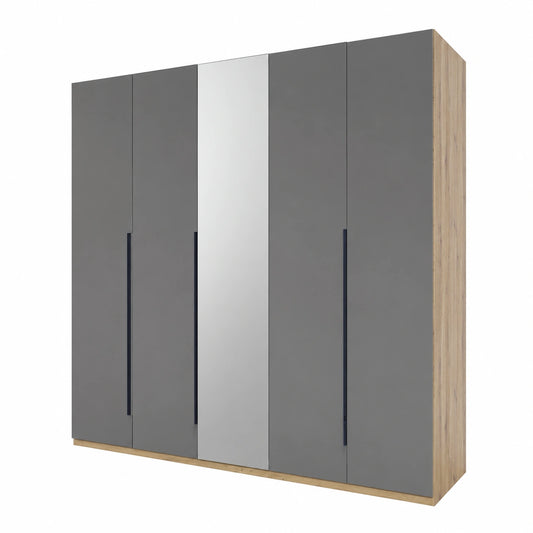Armadio 5 Ante con Specchio, Rovere Mielato e Grigio Titano, 230x223x63 cm