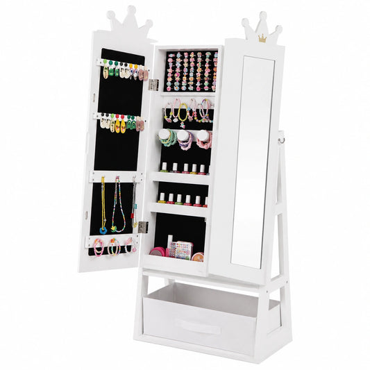 Armadio Portagioie per Bambini con Specchio Corona e Cassetto, Bianco