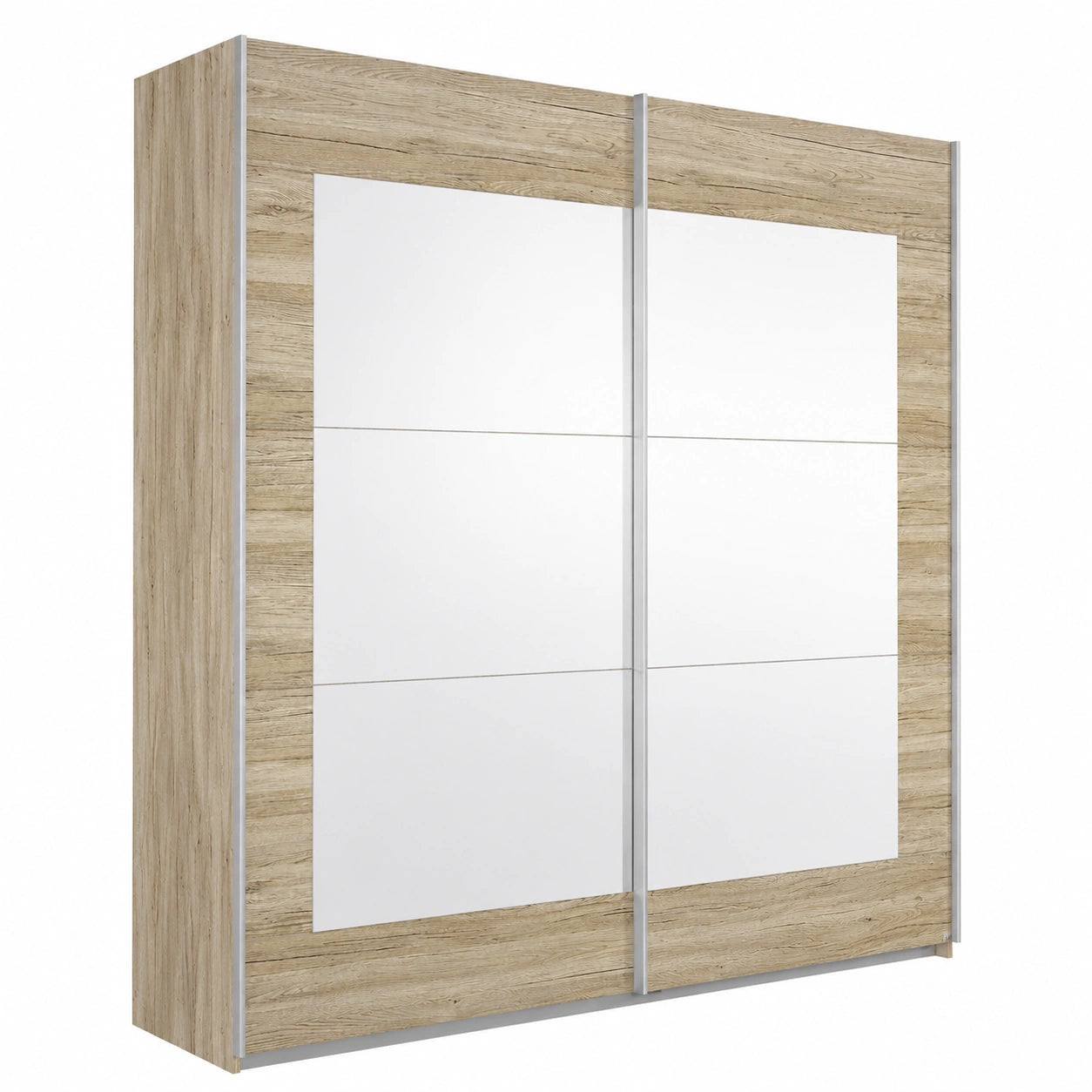 Guardaroba moderno in rovere chiaro con specchi, 2 ante scorrevoli, accessori inclusi