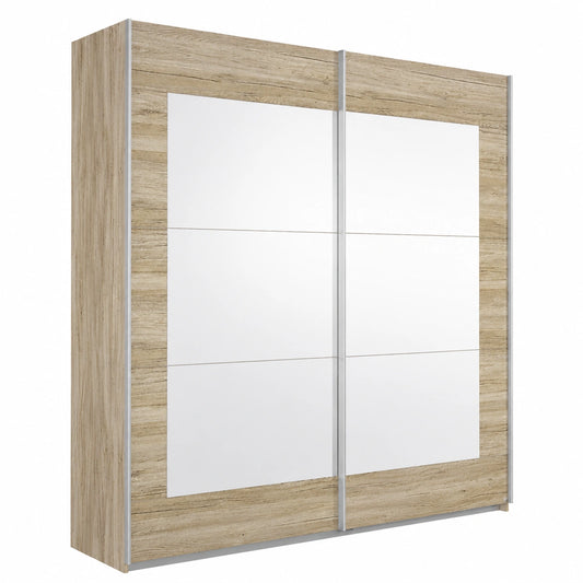 Guardaroba moderno in rovere chiaro con specchi, 2 ante scorrevoli, accessori inclusi