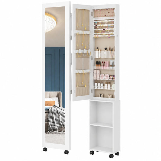 Armadietto Portagioie con Specchio e LED, Organizzatore Multifunzione con Ganci, Bianco e Beige