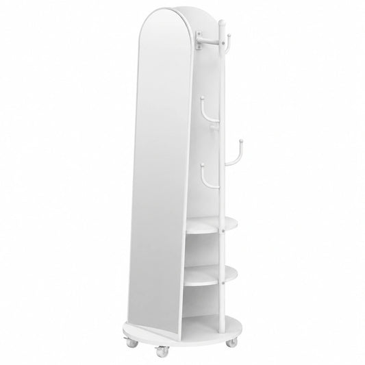 Specchio a Figura Intera con Ruote, 165x45 cm, 2 Ripiani e 6 Ganci, Vetro Temperato Bianco
